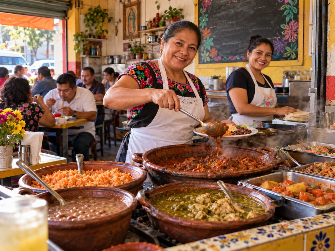 Dueña y ayudante contentas mirando a cámara en su comedor, rodeadas de guisados