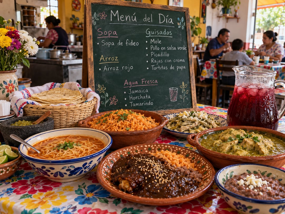 Pizarrón con el menú del día, sopa, arroz, guisados, tortillas y agua fresca en un comedor